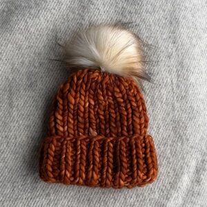 Warm Knit Kids Beanie with faux fur Pom Pom - Orange